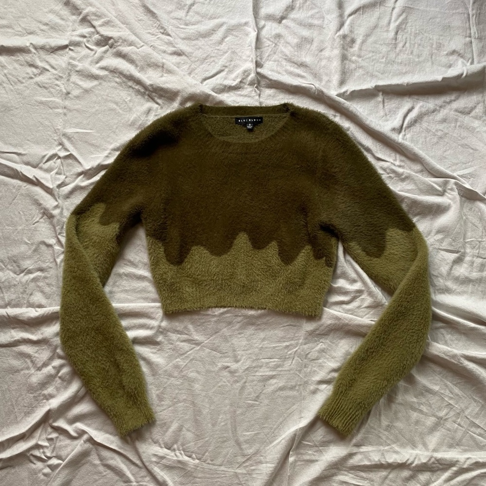 drip effect colour block cropped fuzzy sweater